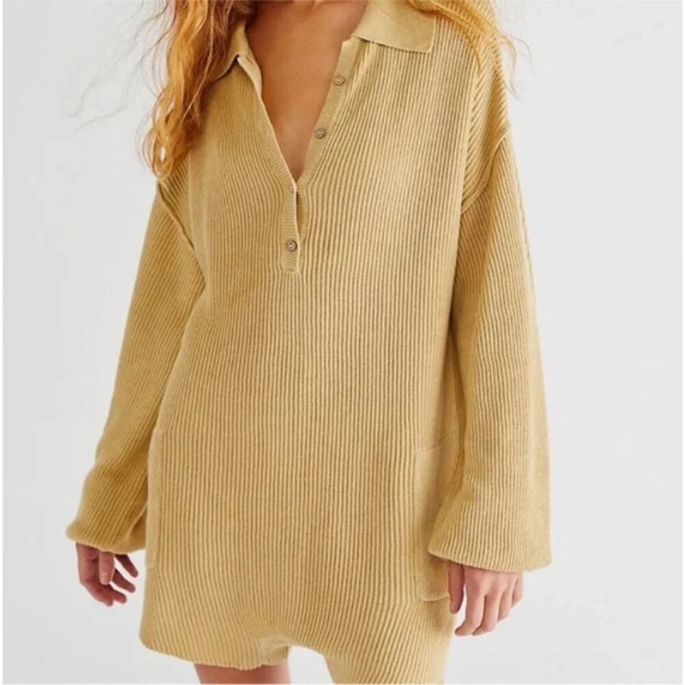 Free People FP Beach Picnic Romper XS Mustard Yellow Demeter Linen Boho Slouchy